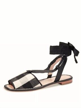 Kate Spade Maggie Ankle Strap Sandals Flats Gingham Checkered 9 Coastal Garden
